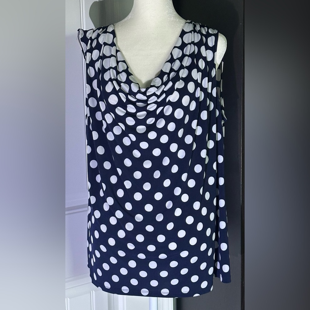 dressbarn Navy and White Polka Dot Cowl Tank - dressbarn